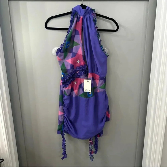 NWT ANIM Dress ANIM Helmut Purple Floral Halter Mini Dress Size Medium - Picture 2 of 8